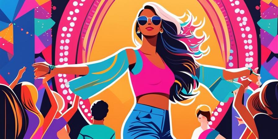 Chica trendy bailando con ropa colorida en festival