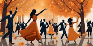 Multitud bailando con atuendos de otoño elegantes y modernos