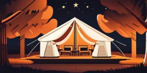 Carpa de campamento iluminada con luces festivas y ambiente alegre