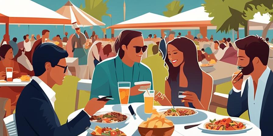 Gente disfrutando comida en festival de música al aire libre