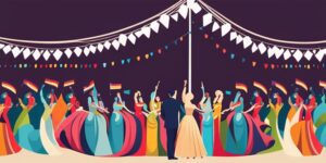 Fiesta musical con multitud y luces coloridas