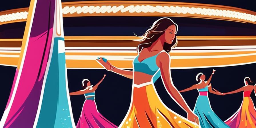 Mujer joven bailando con falda de colores en festival de música
