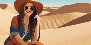 Mujer sonriente con conjunto hippie en el desierto
