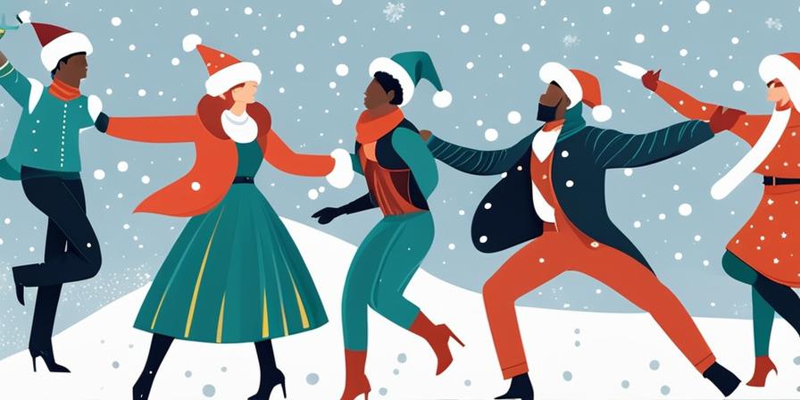 Personas bailando en la nieve con atuendos festivos y abrigados
